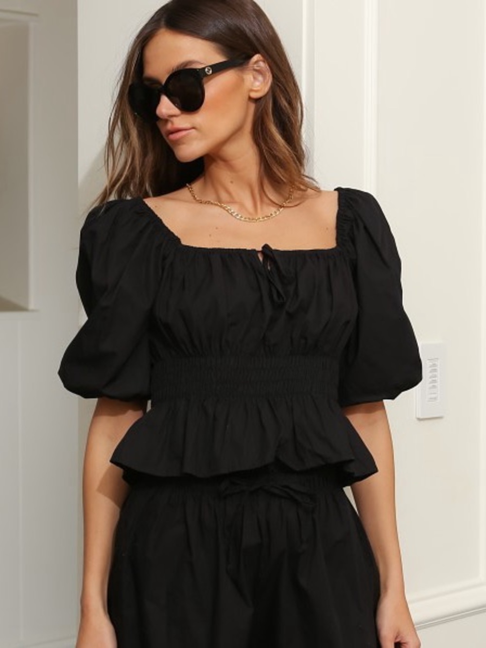 Faithful the Brand Smocked Waist Peplum Puff Sleeve Top - Black